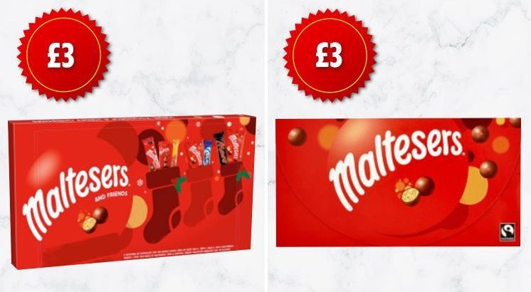  You will get more chocolate for your £3 if you buy the gift box (right) instead of the Christmas selection box (left)