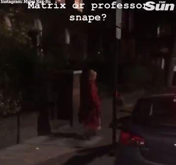  As Gabby runs down the street in a billowing coat, Myles asks if she's the 'Matrix or Professor Snape'