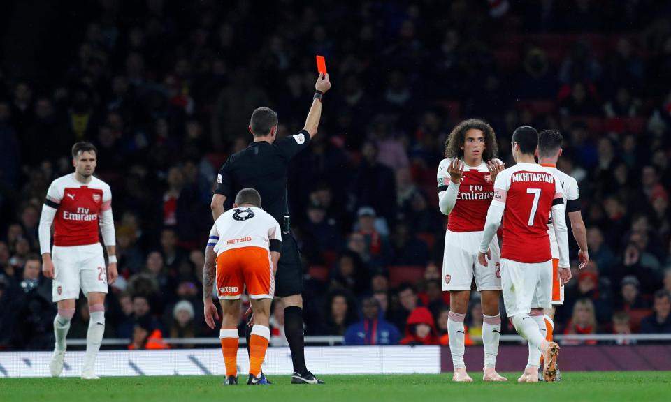  Matteo Guendouzi is sent off for two yellow cards playing for Arsenal against Blackpool