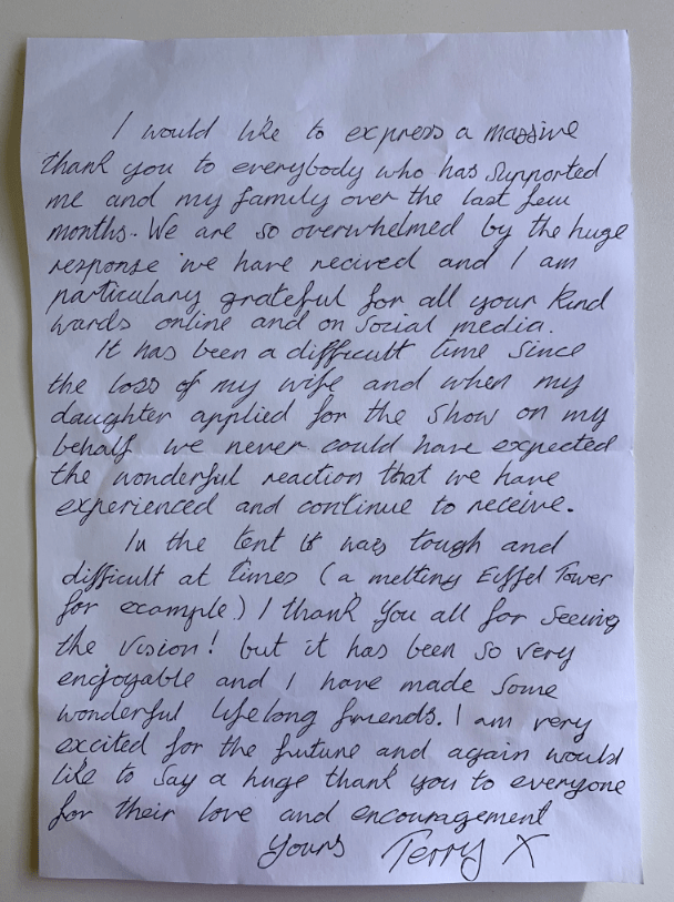  The 56-year-old baker sent the Channel 4 show an emotional hand-written letter, which they shared on their Twitter page today