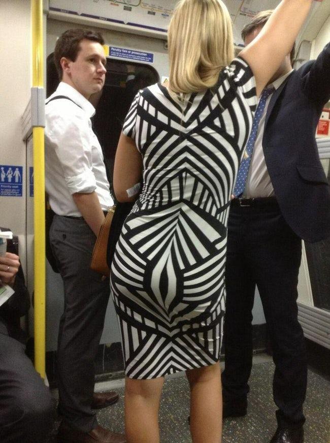 A commuter spotted the unfortunate pattern on this woman’s monochrome dress