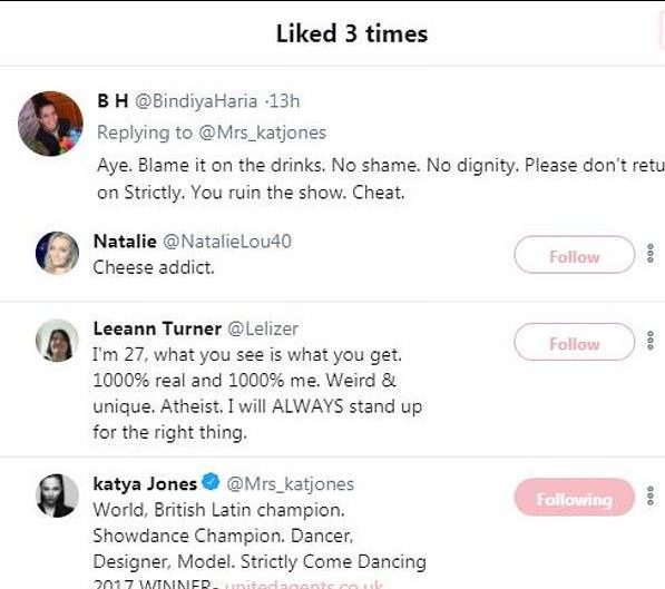  Katya Jones has liked aggressive tweets aimed at her