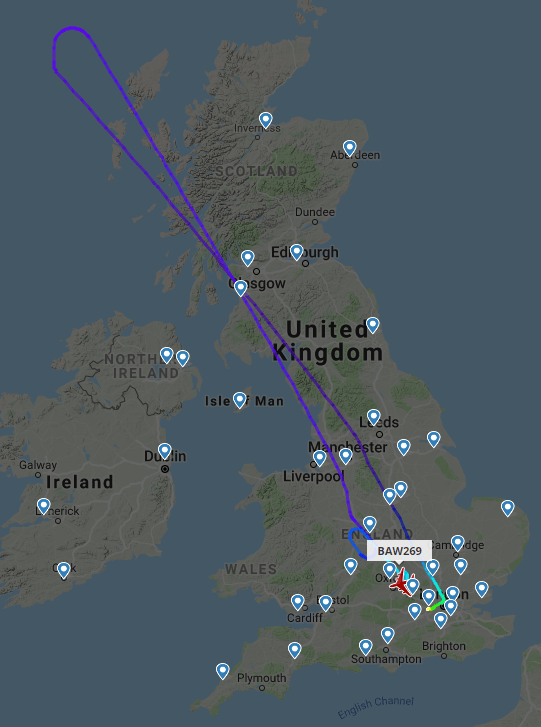 Flightpath data shows BA269 circling back towards London after reaching Scotland on the way to Los Angeles