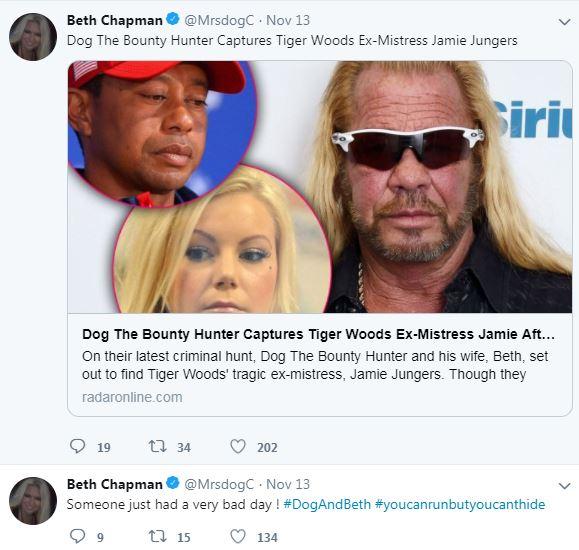  Beth Chapman posts 'Someone just had a very bad day' on her Facebook page after the capture of Woods' ex-mistress