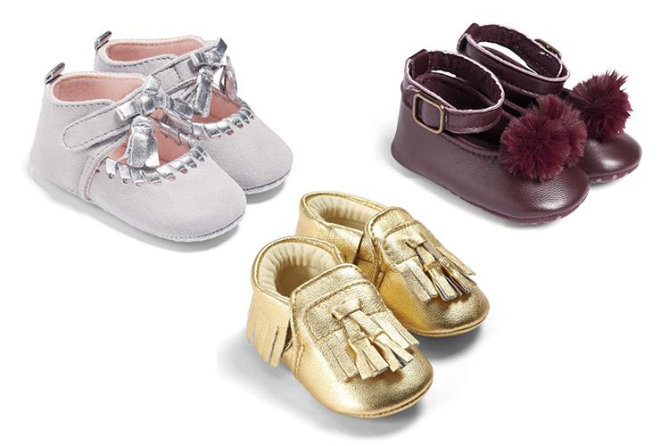  Mamas & Papas is recalling three pairs of shoes - including gold Fringe Moccasins (centre), Pom Pom (right) or Suede Detail shoes (left) - over fears they could be a choking hazard