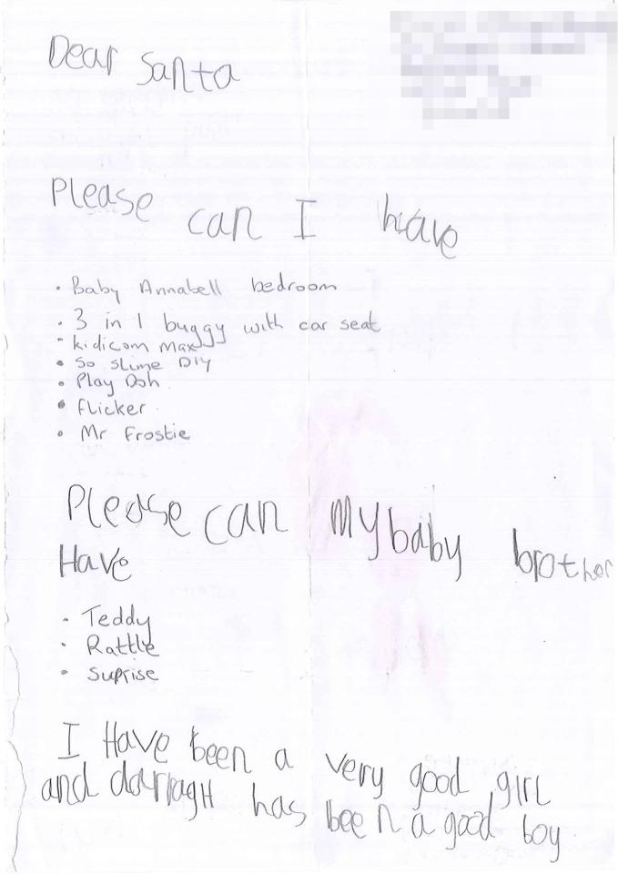  Mia's told Santa her Christmas list as well as her little brother's