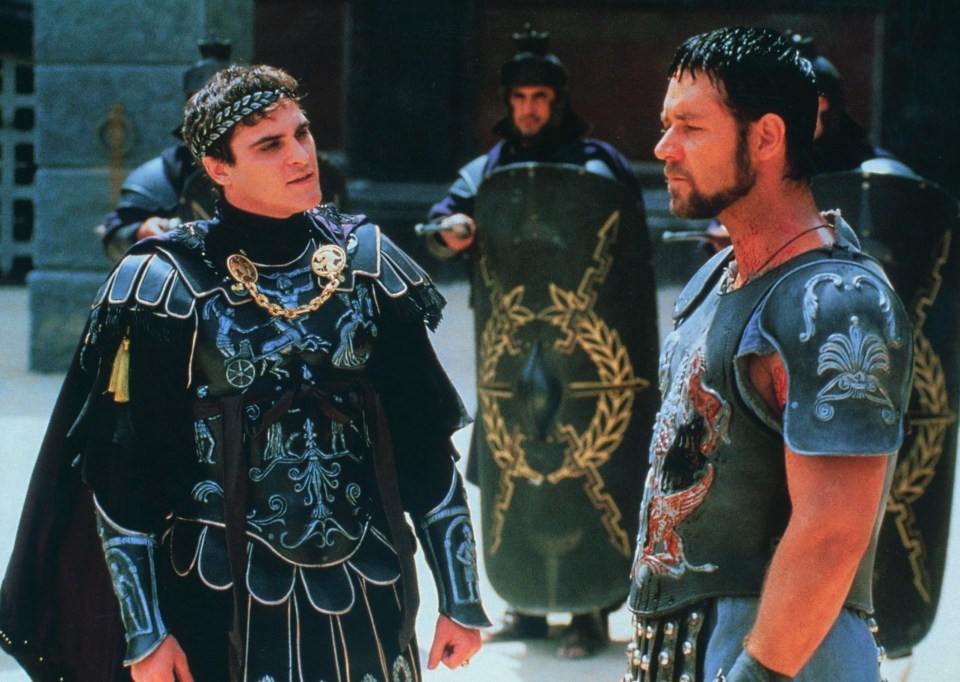 Joaquin Phoenix and Russell Crowe as sworn enemies Roman Emperor Commodus and Gladiator Maximus