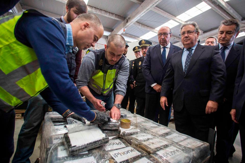  Spanish authorities inspect a 8.7tonne-haul of cocaine seized in Algeciras in April. Colombia later said it was owned by the Gulf Clan, a former paramilitary group that has become the country’s leading drug cartel