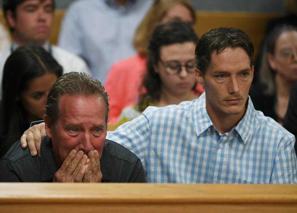  Frank Rzucek, the father of Shanann Watts, left, and her brother Frankie Rzucek in court for Christopher Watts' arraignment hearing at the Weld County Courthouse on Tuesday, August 21, 2018 in Greeley, Colorado