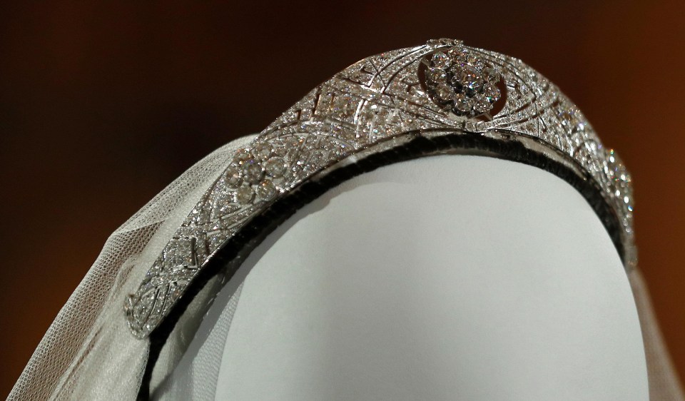 The diamond and platinum bandeau tiara worn by Meghan Markle and lent to her by the Queen is on show at the exhibition A Royal Wedding, at Windsor Castle