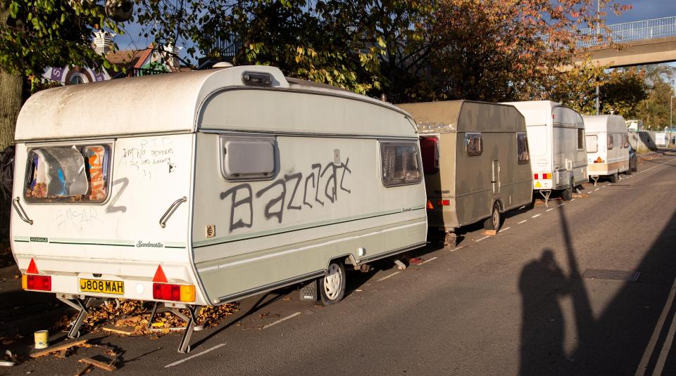  Some of the caravans are daubed in graffiti