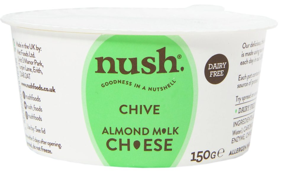  Nush vegan spreadable cheese is­ made from almond milk and comes in plain and chive flavours