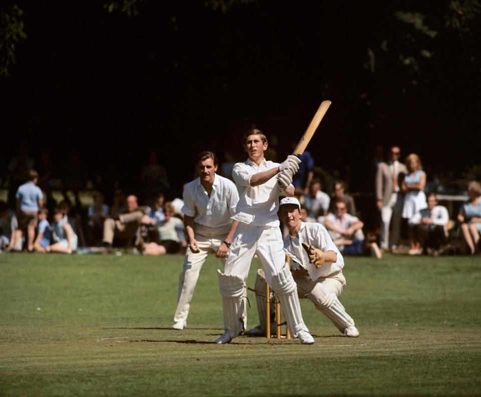  1968: Prince Charles batting for Lord Brabourne's XI against a team of grand prix drivers at Mersham near Ashford, Kent