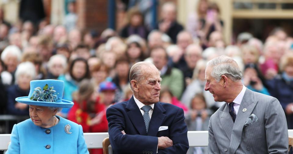  2016: Queen Elizabeth II,the Duke of Edinburgh and the Prince of Wales, during a visit to Poundbury, a new urban development on the edge of Dorchester