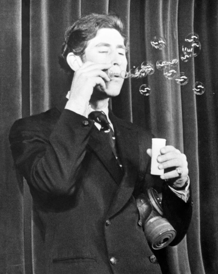  1970: Prince of Wales playing the role of a weatherman in a sketch he is rehearsing for the Dryden Society's Trinity College revue at Cambridge University