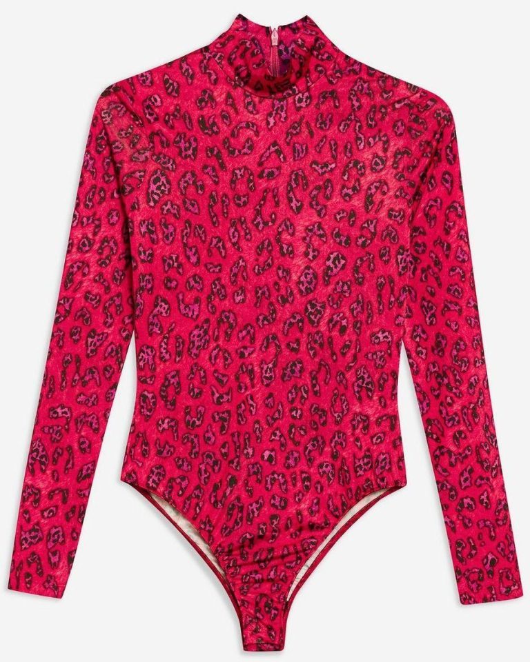  This animal print leotard is also available in blue