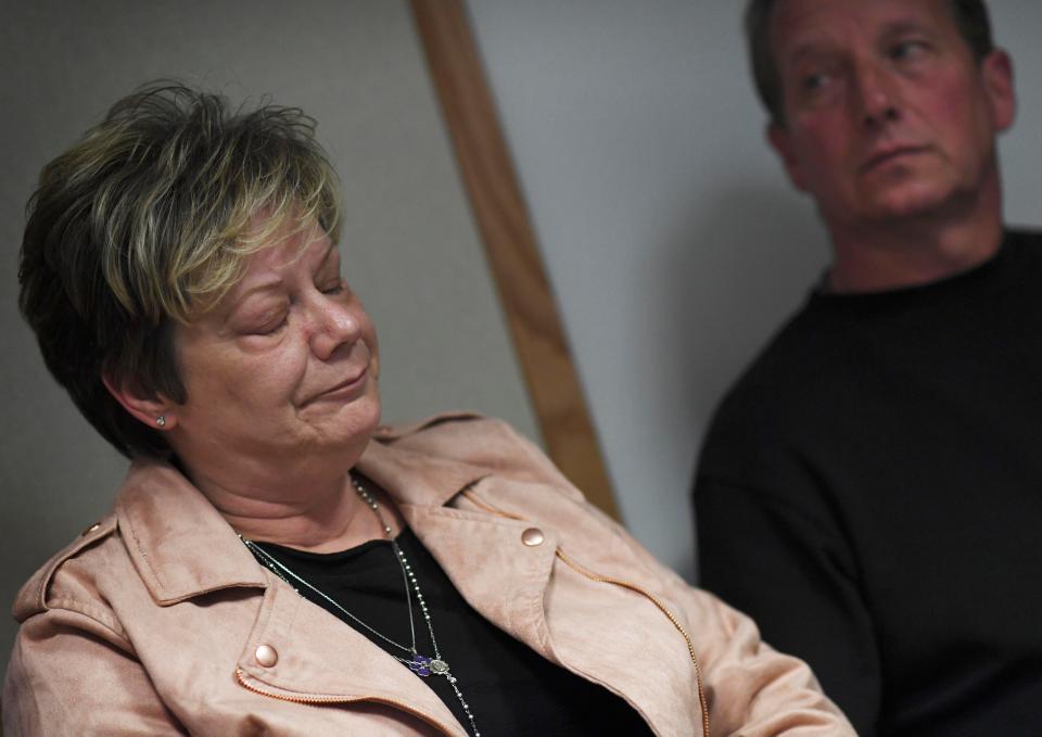  Sandra Onorati Rzucek and Frank Rzucek, Shanann Watts' parents, listen to the Weld County District Attorney during a press conference, at the Weld County Courthouse on November 6, in Greeley, Colorado