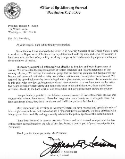  The letter Sessions submitted to Trump announcing his resignation