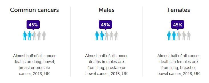  Almost half of deaths in men and women are caused by the top four cancers