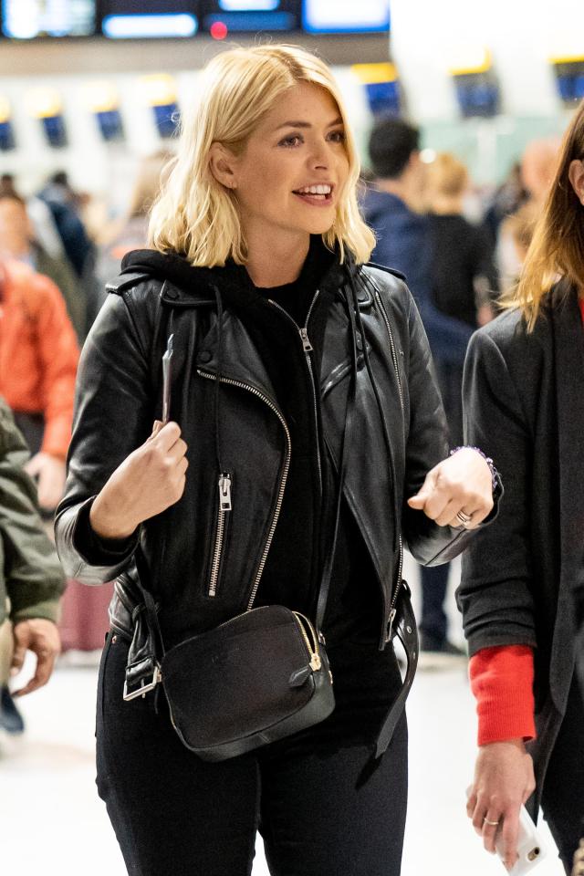  The I'm a Celeb presenter wore a pricey All Saints leather jacket which she paired with a £155 LK Bennett handbag