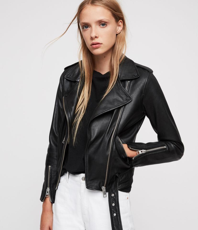  Holly's black biker jacket costs a pricey £318 from All Saints