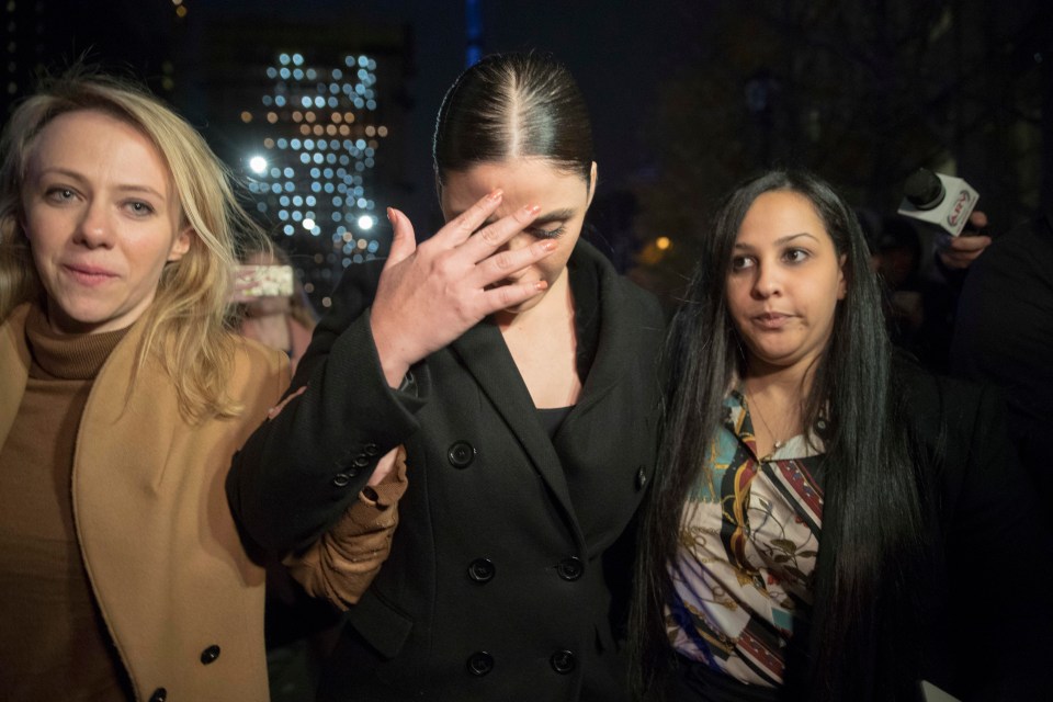 Emma Coronel, centre, the wife of Guzman leaves Brooklyn Federal court