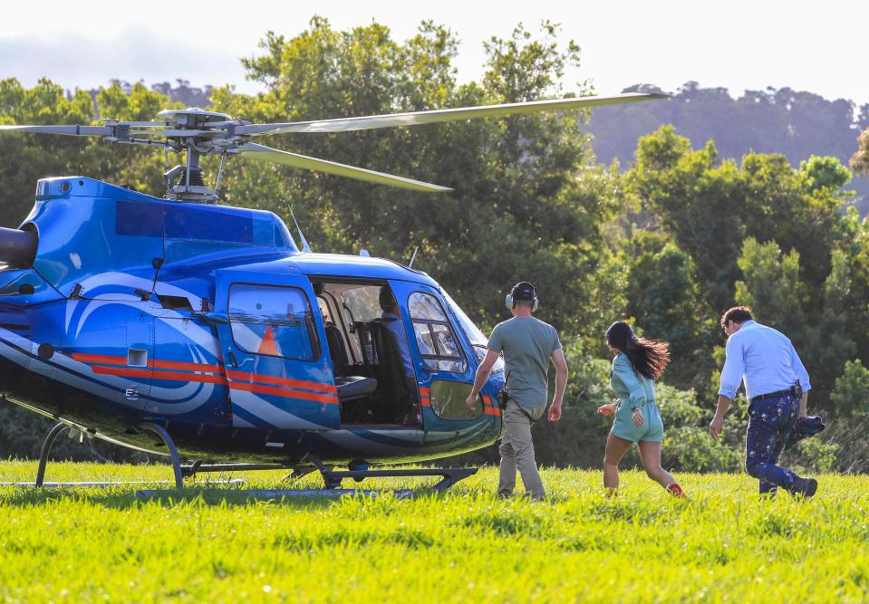  The stars flew into Springbrook National Park by helicopter before they prepared to jump out of it for the opening scenes of the first episode