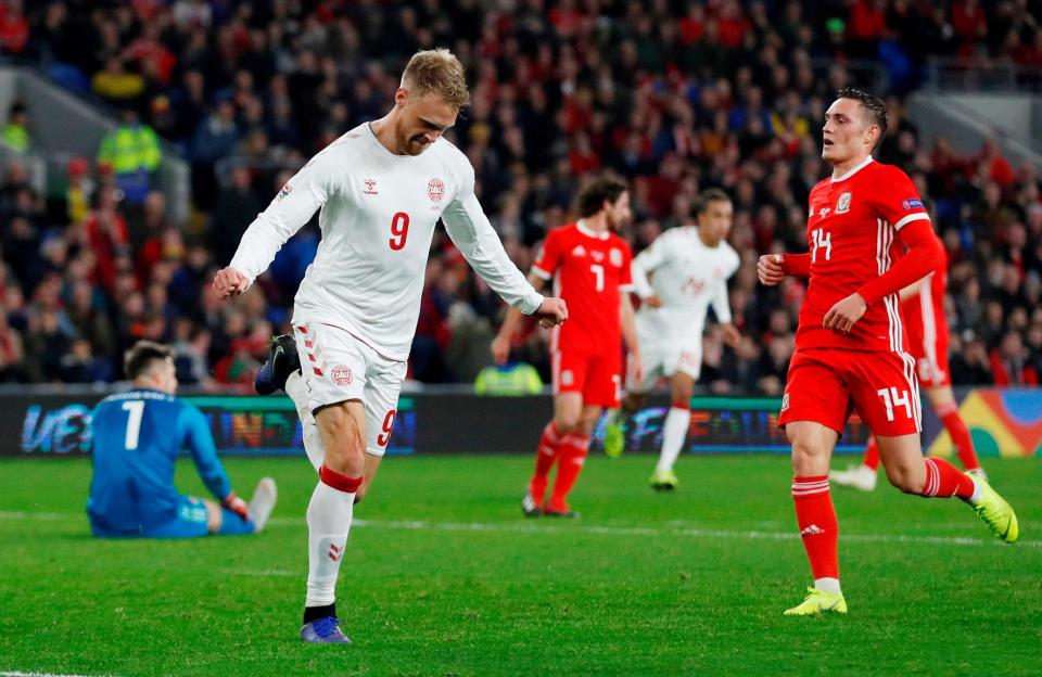  Nicolai Jorgensen celebrates scoring Denmark's first goal