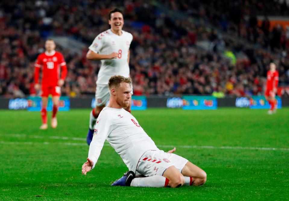  Jorgensen celebrates his eighth goal for Denmark