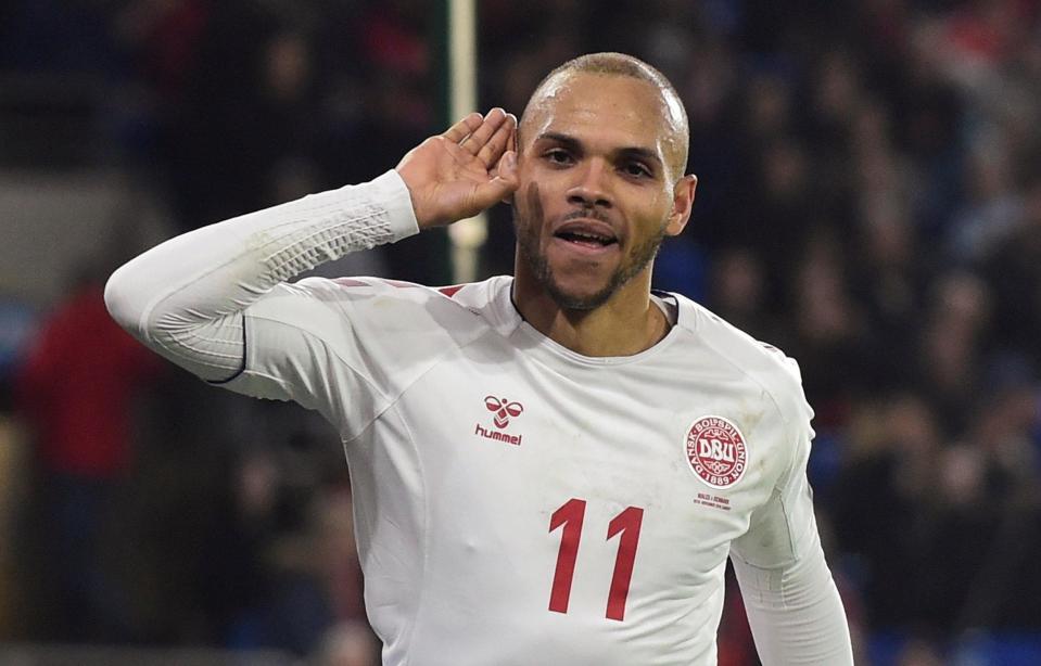  Martin Braithwaite celebrates scoring Denmark's second goal