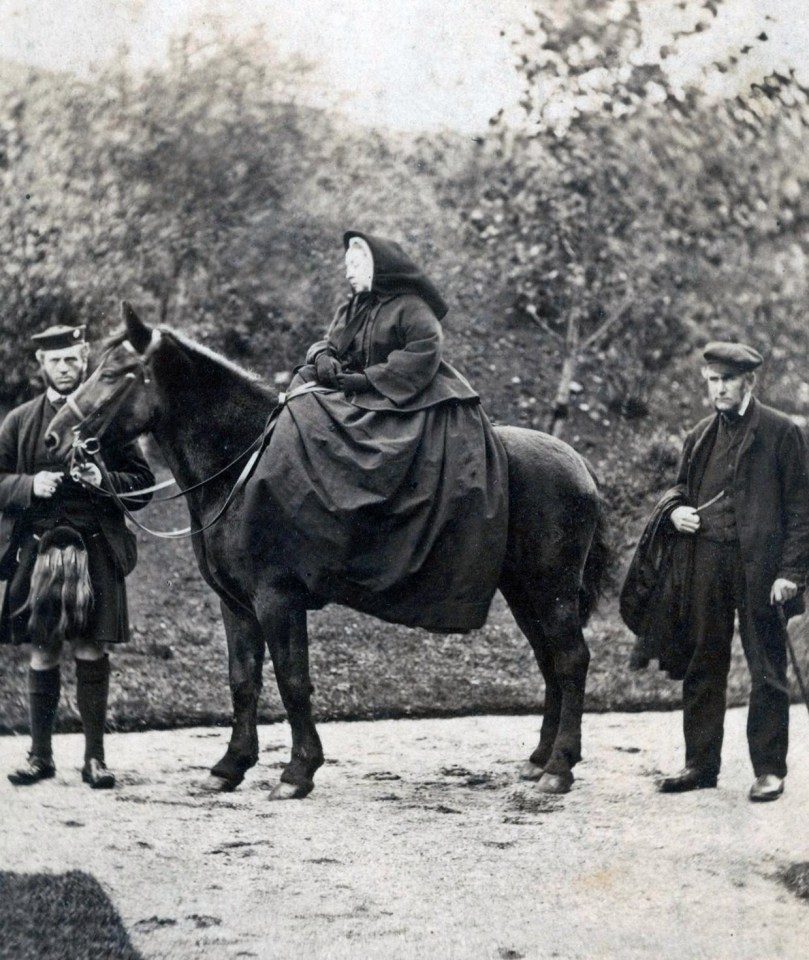 Queen Victoria on horseback at Balmoral 1863, with her friend and servant John Brown on the left