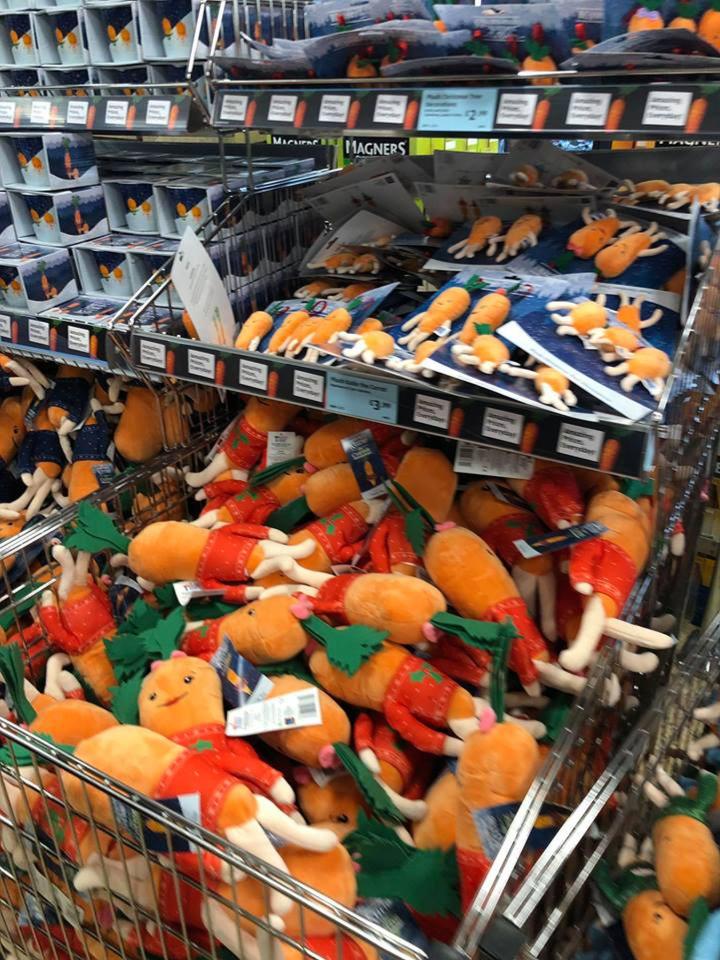  Shelves are crammed with Kevin the Carrots before shoppers pour into the supermarket