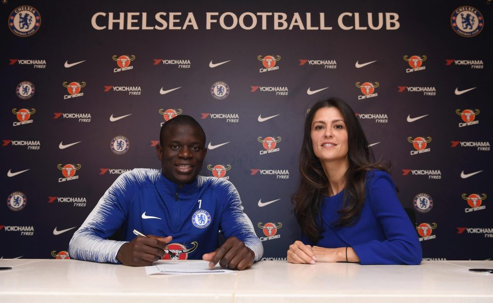  Kante is congratulated by Chelsea director Marina Granovskaia who moved quickly to tie the midfielder down to a new deal