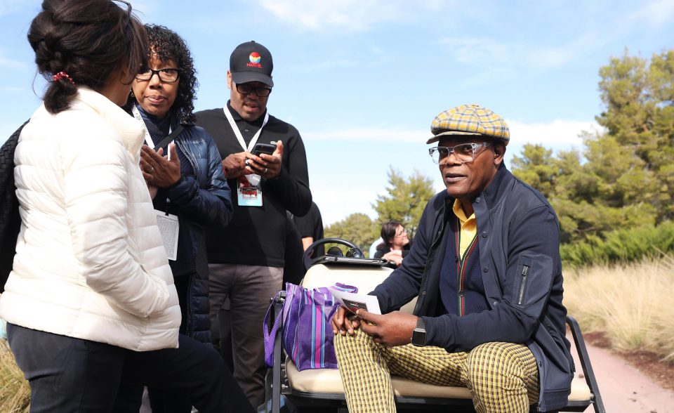  On the first hole, actor Samuel L Jackson introduces the players. Of course he does