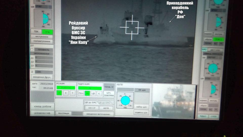  In this photo handout from Ukrainian Navy, a screen appears to show Russian border guard vessel Don trying to stop a Ukrainian Navy tug boat