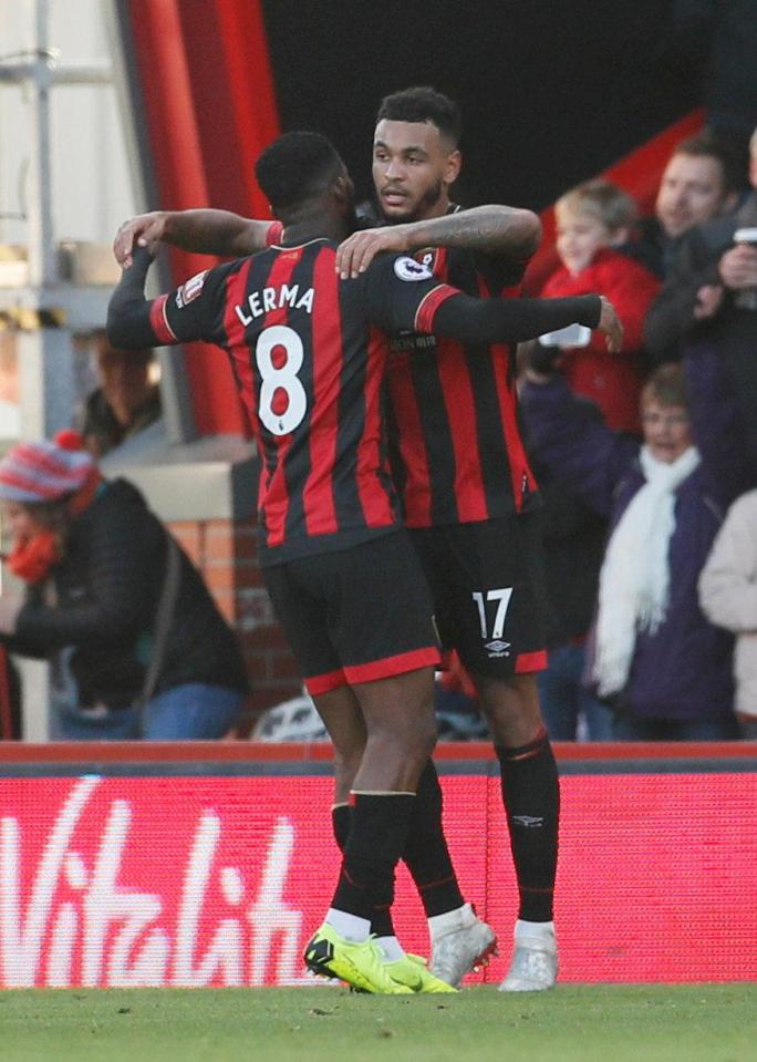  Jefferson Lerma and Joshua King celebrate after the equaliser