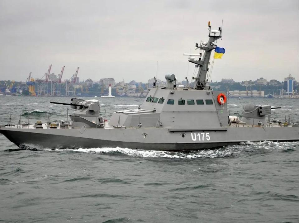  Two of Ukraine's small armoured artillery ships including the Berdyansk, pictured, were damaged before being seized