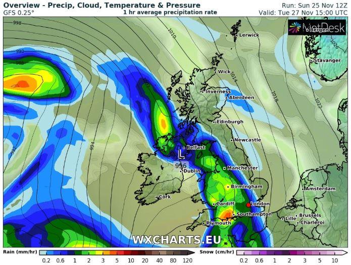  Rain is expected to sweep across the UK from Tuesday