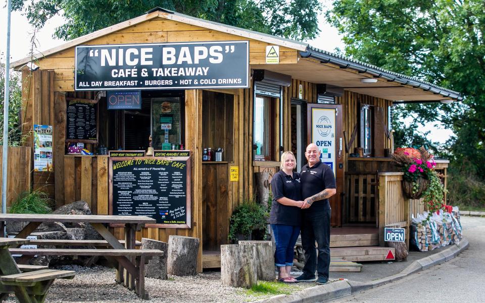  Kevin Baker, 54, and his wife Laura, 34, run the 'Nice Baps' cafe near Wadebridge, Cornwall