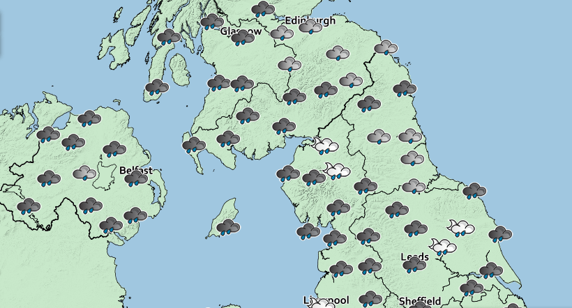  The majority of the North of England, Northern Ireland and Scotland will be soaked by Wednesday evening