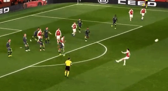  But the Arsenal full-back mis-cues and sends the ball almost directly backwards