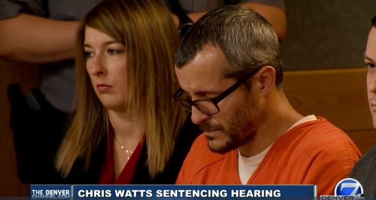  Watts bows his head during sentencing today, as the parents of Shanann Watts speak to the court