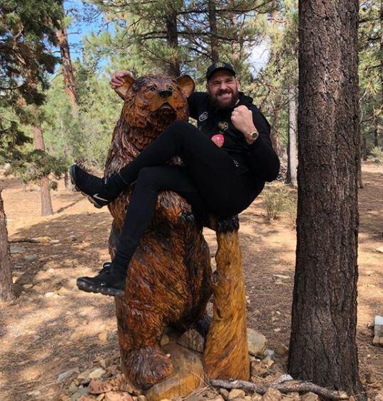  Fury posing with a wooden bear during his gruelling California training camp last month