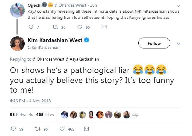  Kim was responding to a fan on Twitter