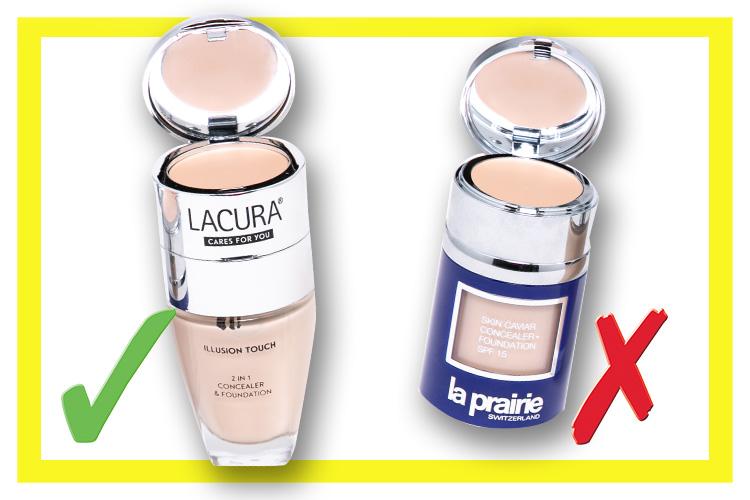  Lacura Illusion Touch 2 In 1 Foundation (£5.99) v Skin Caviar Concealer Foundation SPF 15 (£144.50, La Prairie at John Lewis)