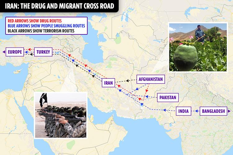  This map shows how the smuggling and terror routes converge on Iran