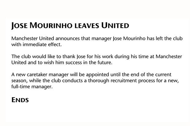  Manchester United released a short statement announcing the end of Jose Mourinho