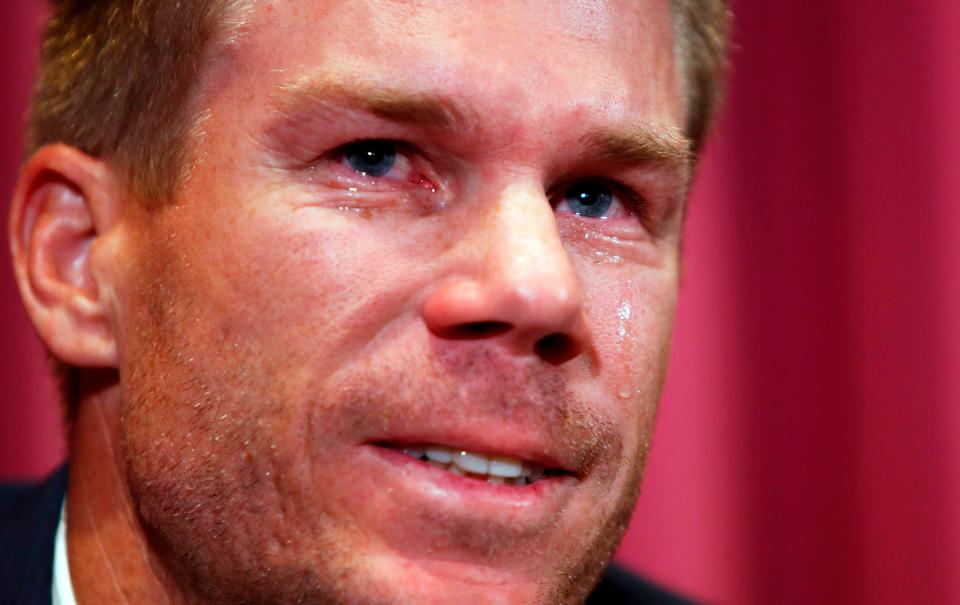  David Warner cries tears of sorrow at a press conference after the sand paper scandal. In March 2018, Warner along with Steve Smith and Cameron Bancroft were found to have tampered with the ball during a Test match in South Africa. All three were banned, leaving Australian cricket in disarray