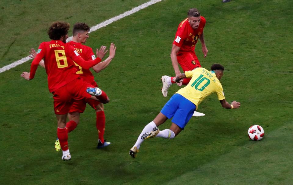  Neymar dives to try and win a penalty as Brazil are losing to Belgium in World Cup quarter-final