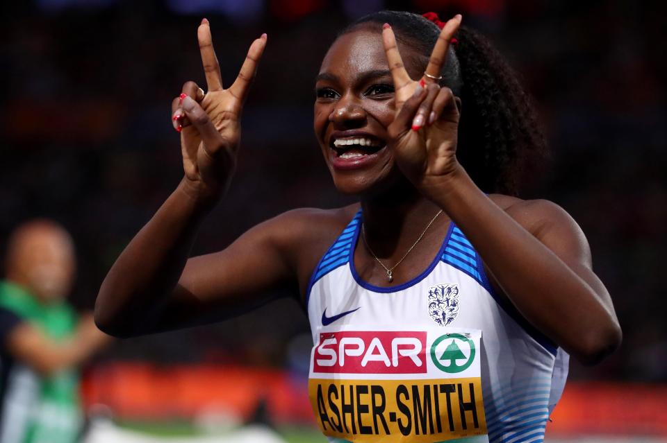  Dina Asher-Smith celebrates her 200m victory to add to 100m gold at the European Championships in Berlin. She went on the claim a hat-trick of golds as part of the British team that won the 4 x 100m relay